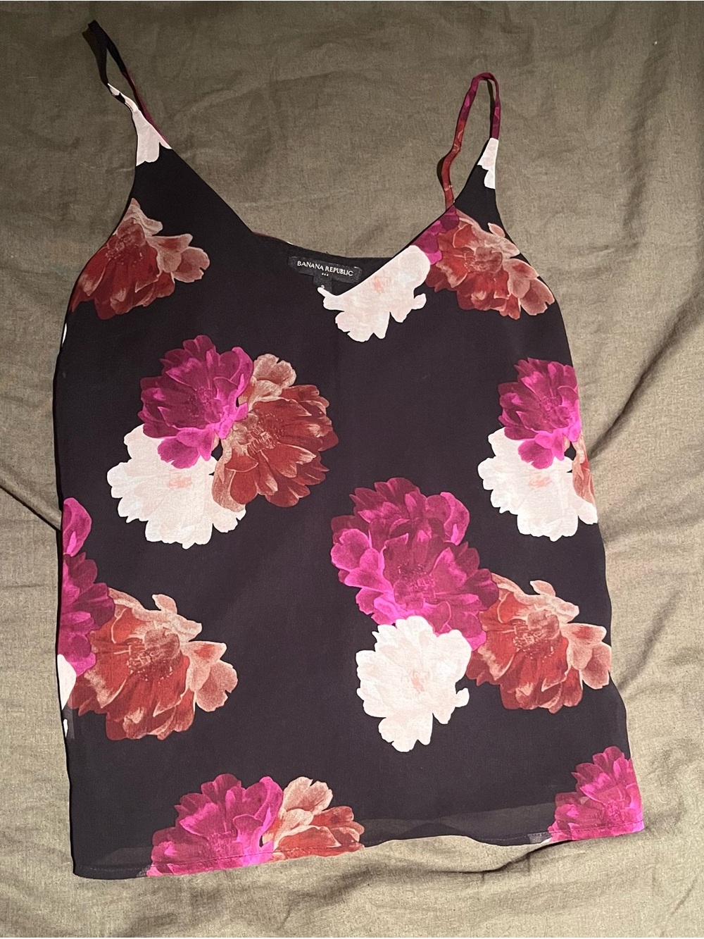 Banana Republic Black Floral V-Neck Cami with Pink & Red Blooms